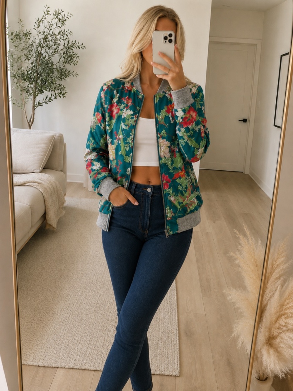 Teal Floral Satin Bomber Jacket Metallic Trim Oversized M NWT